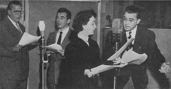The cast of "Rocky Jordan" assembles for a 1949 broadcast from the CBS studios in Hollywood.